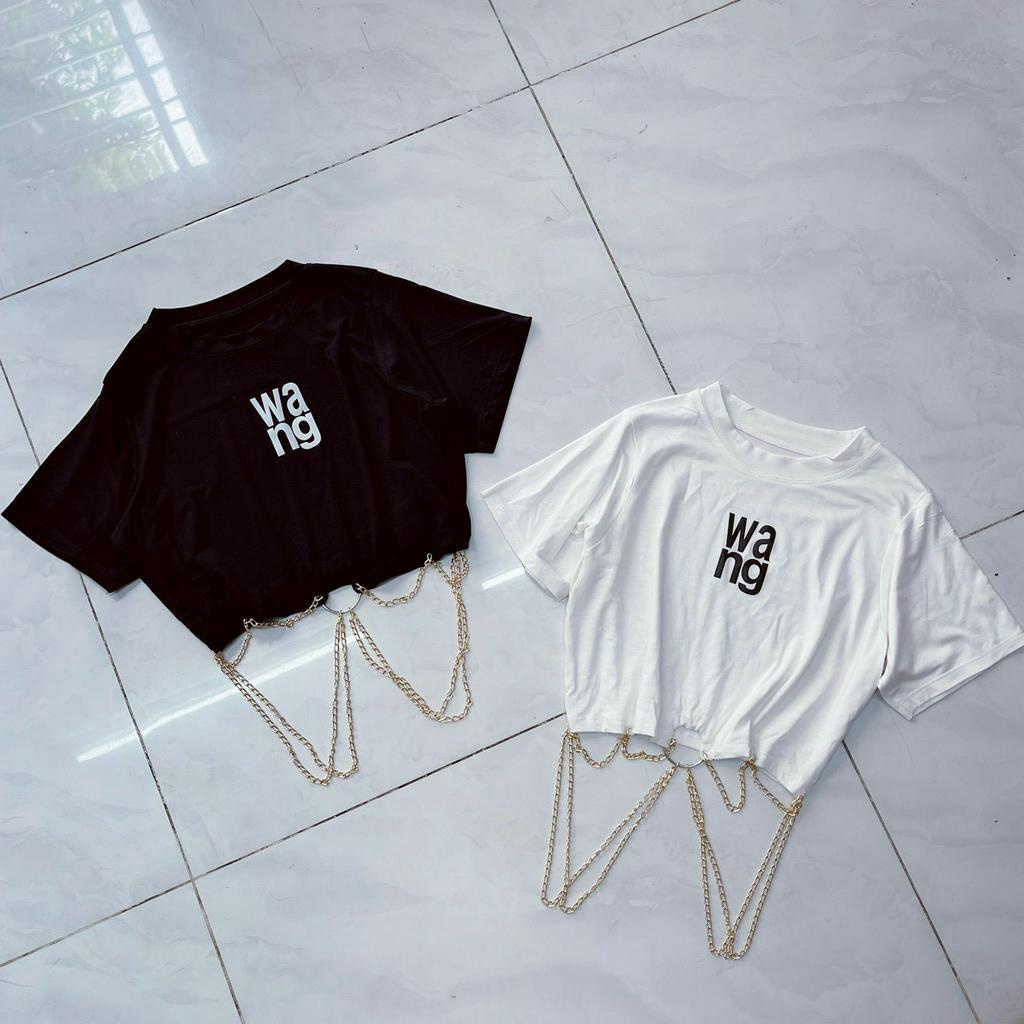 Áo croptop tay ngắn phối in chữ khoen xích eo