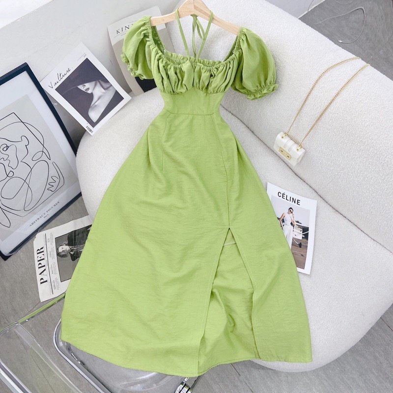 Đầm Maxi - Váy xẻ tà chất đũi Quảng Châu, xếp ly ngực eo thon gọn siêu hack dáng, dây cổ yếm, có mút ngực HK SHOP9720 | BigBuy360 - bigbuy360.vn