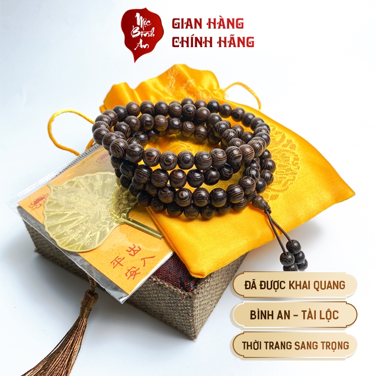 Vòng tay trầm hương, vòng nam nữ phong thuỷ gỗ Mun đuôi công thời trang kèm lá bồ đề mạ vàng và hộp gấm M902 - MBA Shop