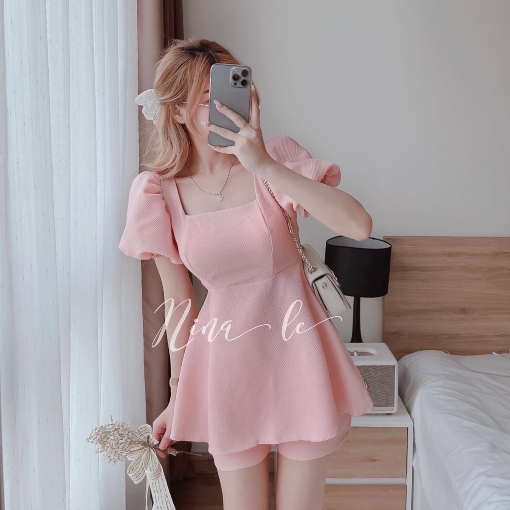 Sét bộ áo tay phồng cổ vuông phối quần đùi màu sắc dịu dàng (Hồng, Xanh, Trắng) thời trang nữ dự tiệc, đi chơi