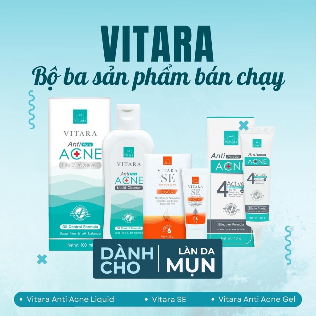 Combo Gel rửa mặt Vitara Anti Acne 100ml-Gel thoa mụn Vitara Anti Acne 10g-Gel thoa sẹo Vitara SE 5g giảm mụn, mờ thâm