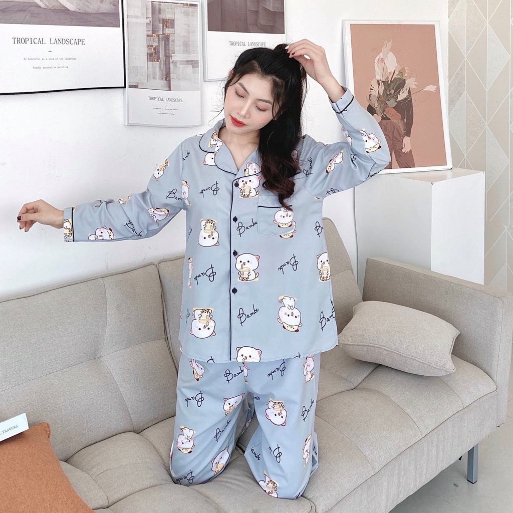Bộ pizama nữ dài tay chất lụa kate thái mềm cao cấp, Bộ đồ ngủ mùa đông họa tiết sang trọng