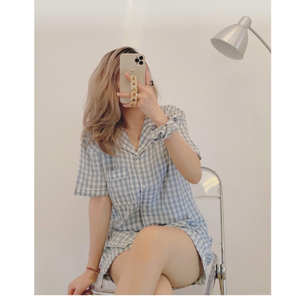 Set Pizama kẻ caro kèm scrunchies siêu xinh, Bộ đồ kẻ kèm chun buộc tóc S510, mặc đi chơi mặc ở nhà đẹp dáng tôn da | BigBuy360 - bigbuy360.vn