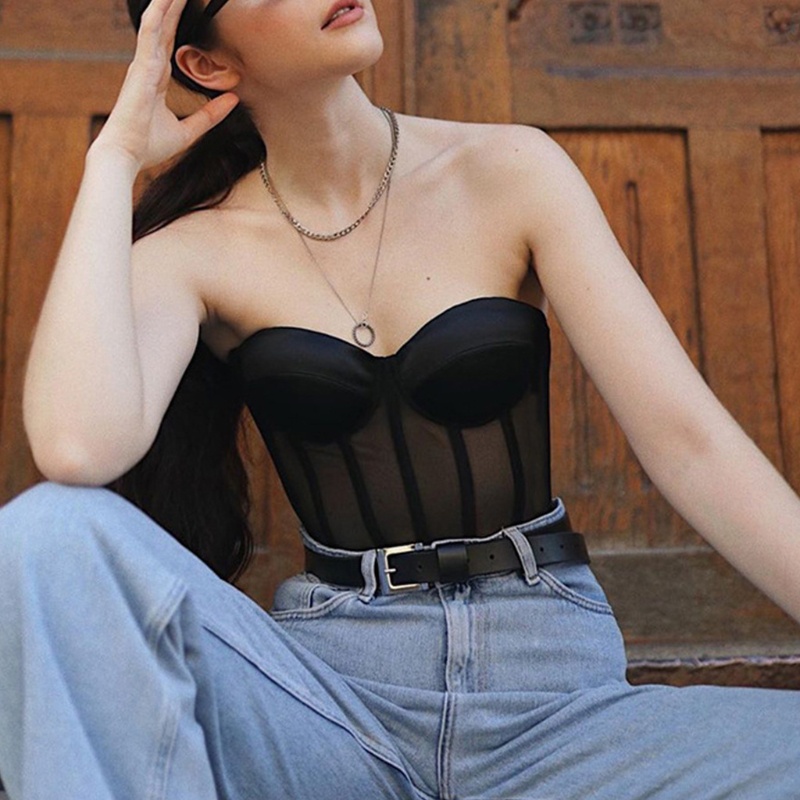 Brroa Áo Nịt Ngực Vải Lưới Phối Ren Không Dây Hở Lưng Gợi Cảm Vintage Cho Nữ