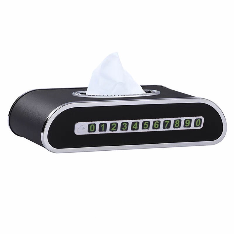 Hộp da đựng giấy ăn trên ô tô cao cấp có đồng hồ và bảng số điện thoại, chất liệu da PU cao cấp