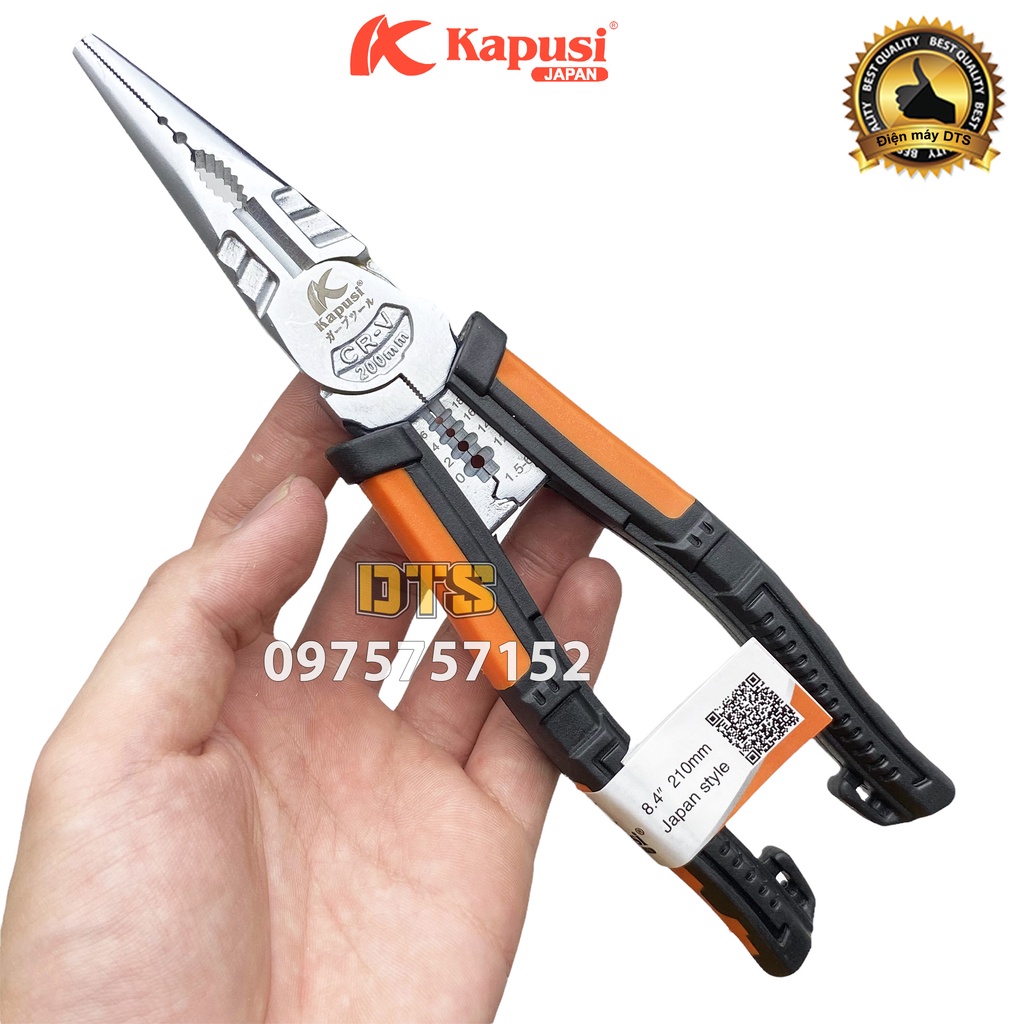 Kìm nhọn đa năng thép Nhật CR-V đúc nguyên khối Kapusi JAPAN 210mm thiết kế tiên tiến tiết kiệm 30% lực bấm, kìm đa năng