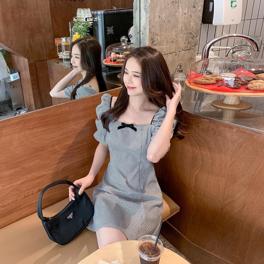 Đầm Cổ Vuông Tay Phồng Ôm Eo Phong Cách Pháp Mẫu Mới 2021 Thời Trang Mùa Hè Cho Nữ