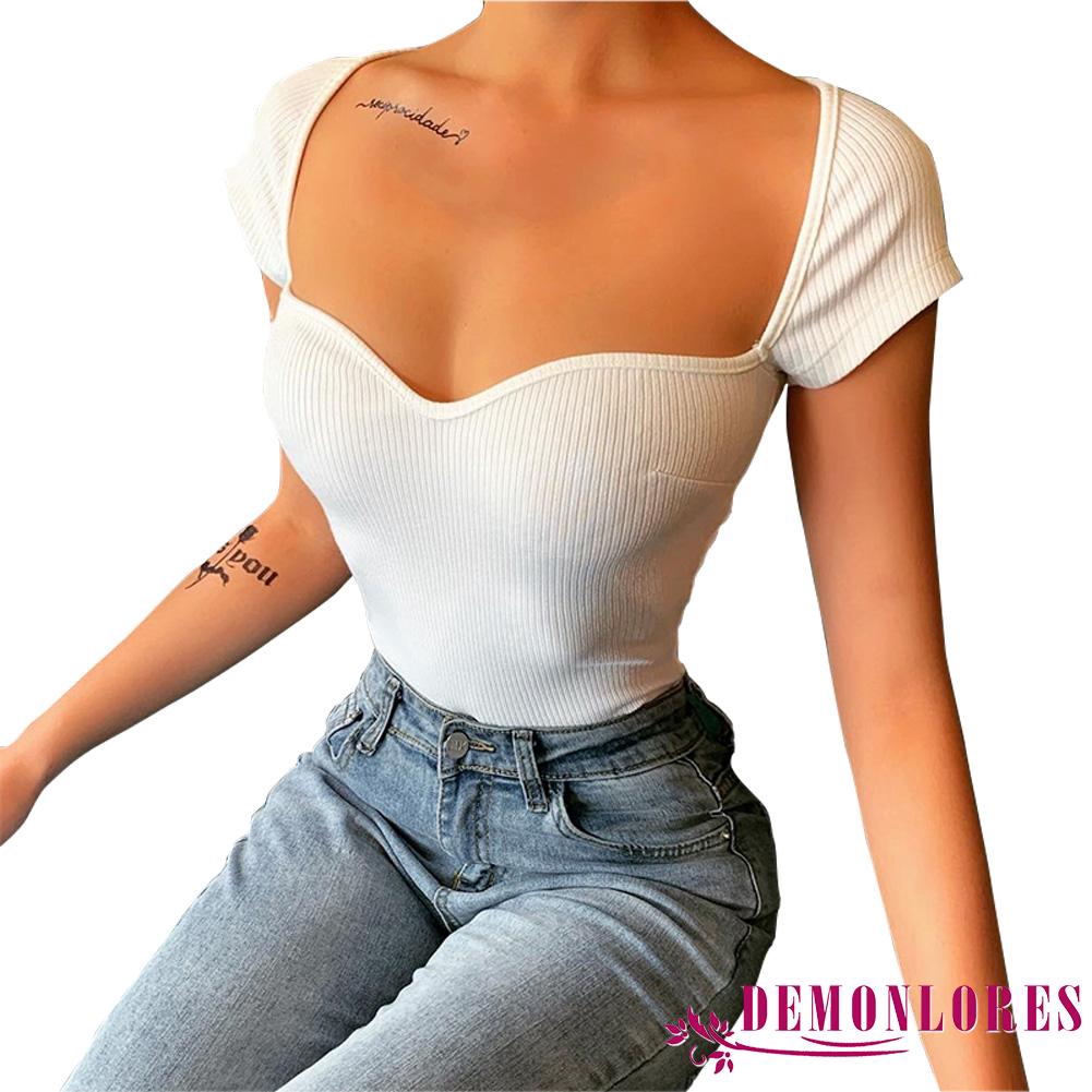 Áo thun cổ Y màu trơn dáng ôm vừa vặn gợi cảm cho nữ