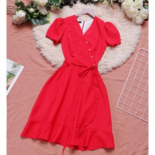 Đầm đỏ công sở nữ sang trọng thiết kế cao cấp tôn dáng tôn da cho nàng lép may 2 lớp siêu đẹp dáng xòe tay ngắn