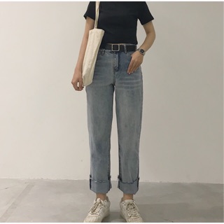 Sẵn_ Quần straight jeans cạp cao xắn gấu (ảnh thật)