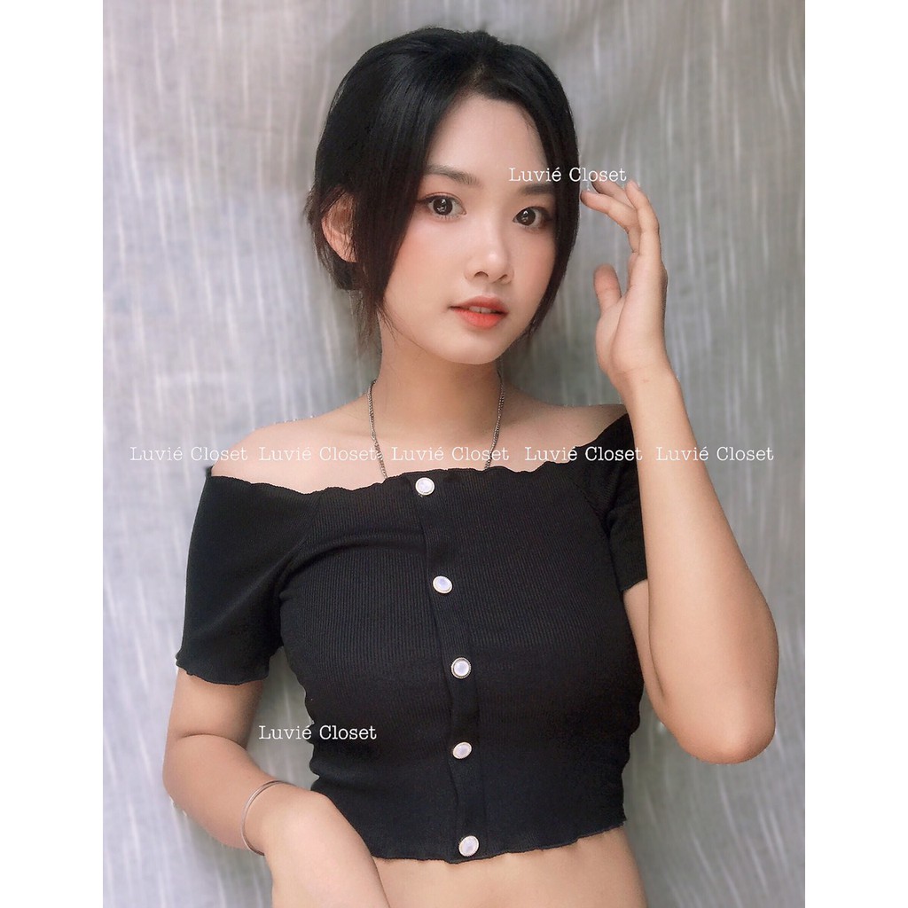 Áo thun gân tay ngắn siêu xinh - Áo croptop trễ vai phối nút