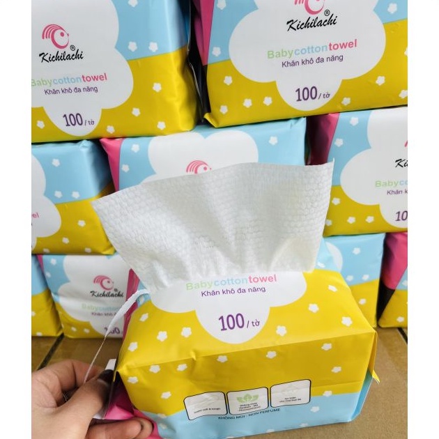 Khăn giấy khô đa năng cho bé Kichilachi, chất liệu vải bi thấm hút nước [Bịch 100 tờ 200*150mm]