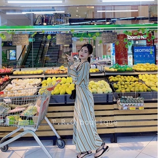 Set len kẻ áo croptop chân váy dài