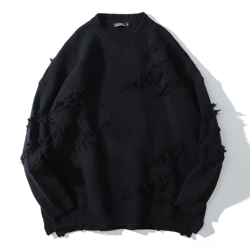 Áo sweater iMaodou cổ tròn dáng rộng phối rách phong cách Hồng Kông thời trang thu đông cho cặp đôi