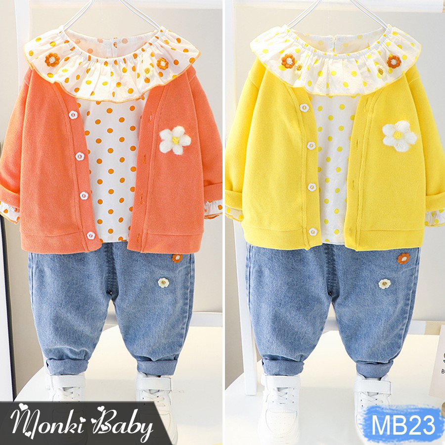 - Bộ 3 chi tiết bé gái xinh xắn dễ thương, quần bò áo thun cotton dài tay, áo khoác nỉ dầy dặn | MB23