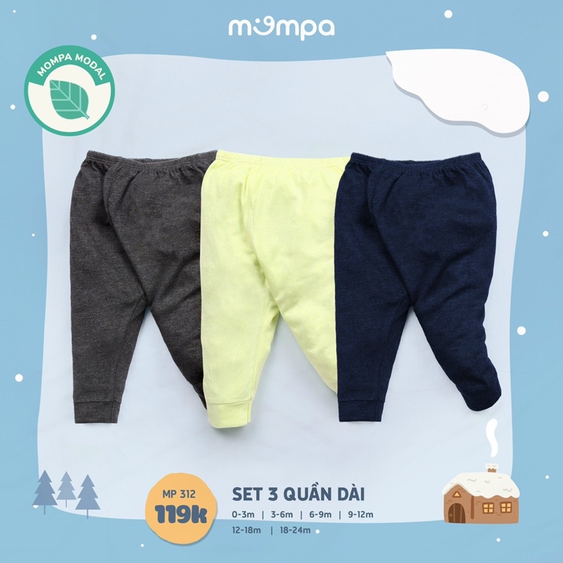 Set 3 quần dài Mompa 0-24 tháng vải Modal co giãn mềm mại trơn 312