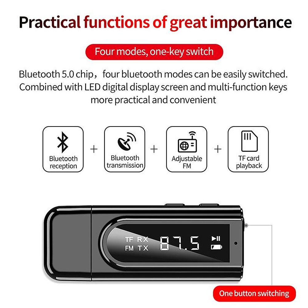 SW Hiển thị Bộ thu phát FM Bộ điều chế FM Bluetooth không dây USB Bộ điều hợp âm thanh AUX đầu ra hai chiều