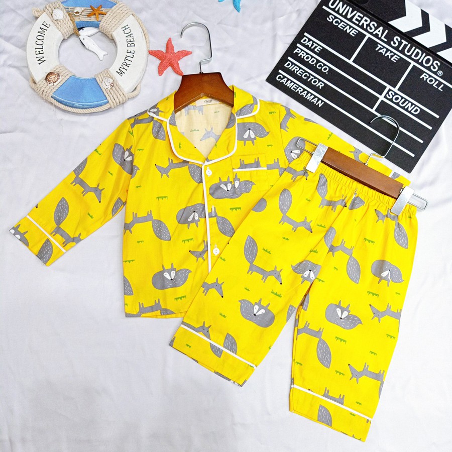 Pijama thô lụa dài tay in hình cute cho bé trai và bé gái