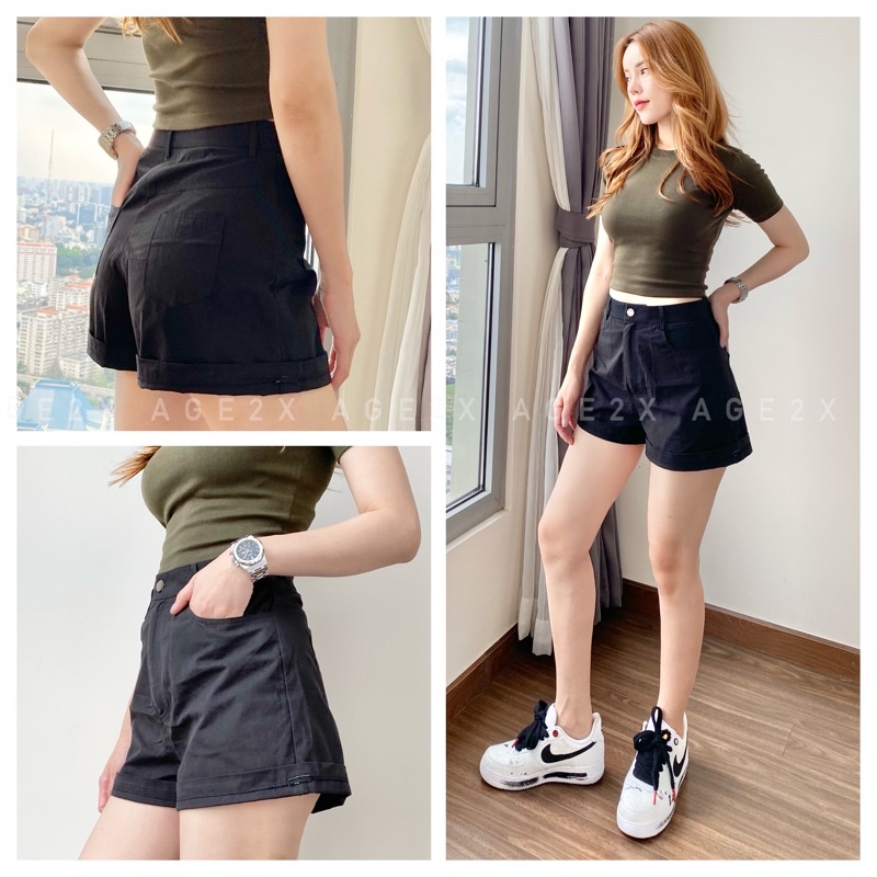 ⚠️HOT⚠️ Quần short nữ, Quần Short Lưng Cao Chính Hãng Chất kaki được wash mịn, Ống rộng, lên Phom Siêu Yêu