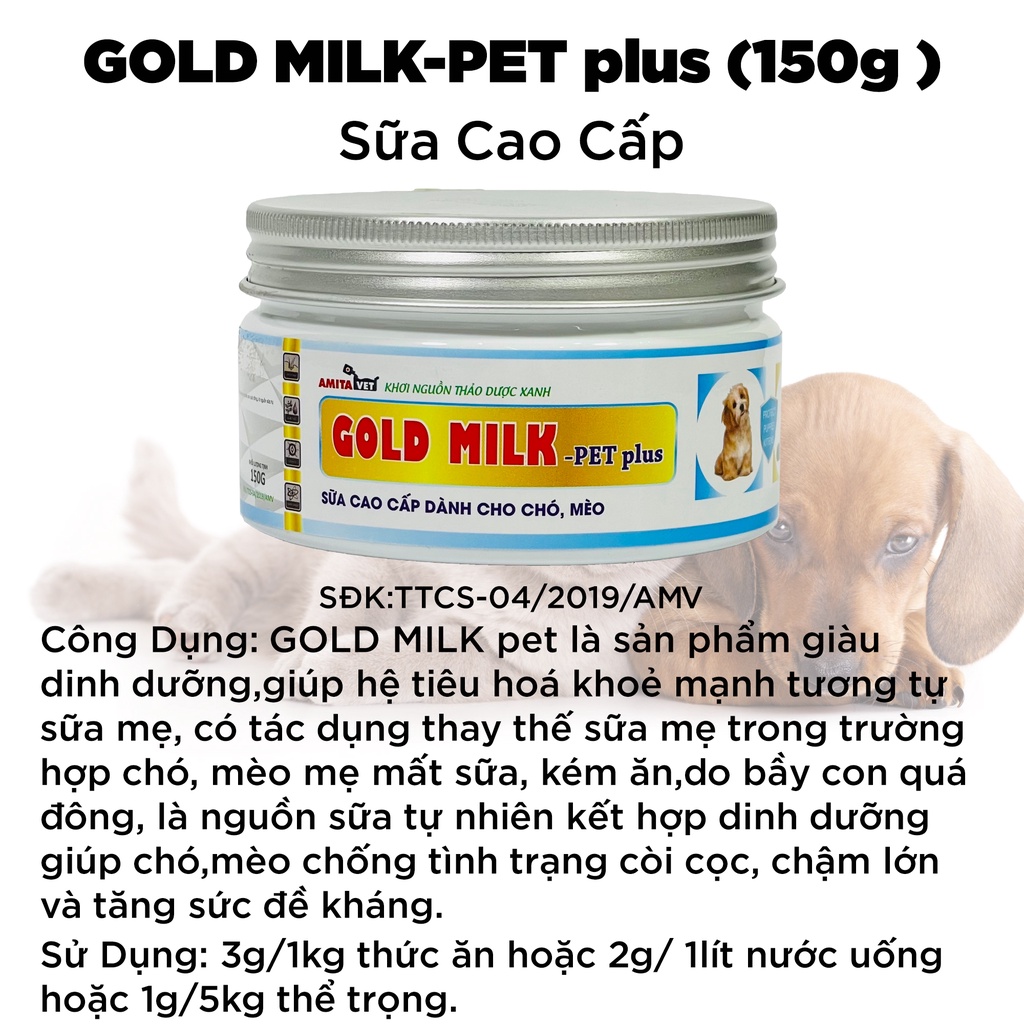 Sữa bột cho chó mèo Gold Milk Pet-Plus 150g Từ AMITAVET giúp chăm sóc thú cưng bổ xung vitamin, đạm, khoáng canxi