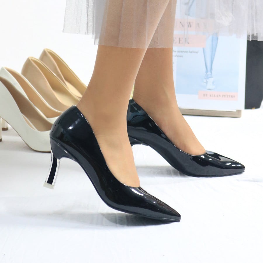 Giày cao gót da bóng gót vuông mica trong 7 cm mũi nhọn thời trang vasmono hàng chuẩn xuất khẩu- V017087