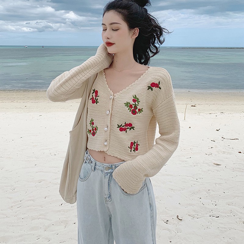 Áo Cardigan Dệt Kim Tay Dài Cổ Chữ V Hoạ Tiết Thêu Phong Cách Retro