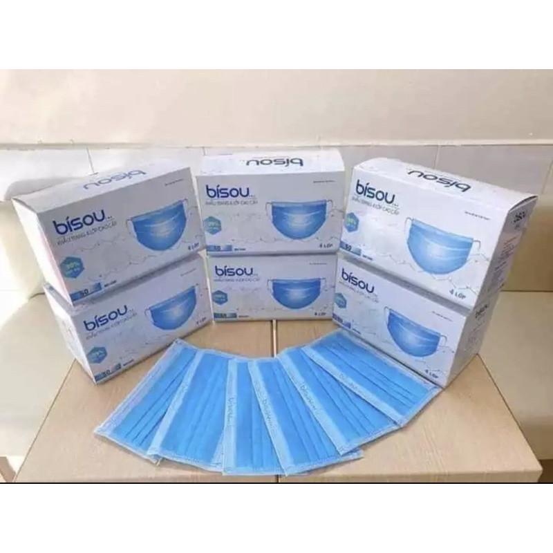 Khẩu trang y tế 4 lớp kháng khuẩn Bíou hộp 50 cái trắng xanh vàng Hồng đen .