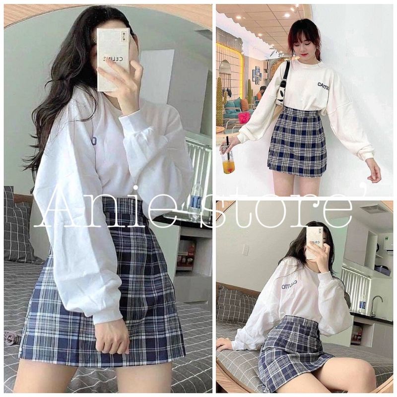 Chân Váy ngắn Kẻ Caro kèm Áo Thun nữ tay dài 🦋 Set Váy Kẻ Caro Kèm Áo Phông Dài Tay 🦋 | BigBuy360 - bigbuy360.vn