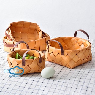Giỏ đan tròn quai da trang trí chụp ảnh, decor nhà cửa, cửa hàng