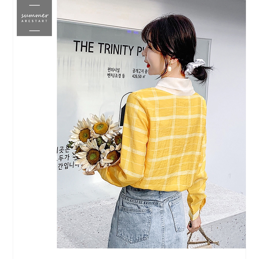 Thời Trang Áo Sơ Mi Chiffon Tay Dài Họa Tiết Sọc Ca Rô Màu Xanh Lá / Vàng / Hồng Phong Cách Hàn Quốc 2019 Cho Nữ