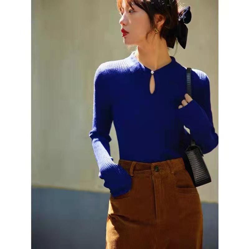 Áo sweater dệt kim cổ bẻ màu trơn phong cách retro thời trang mùa đông dễ phối đồ cho nữ
