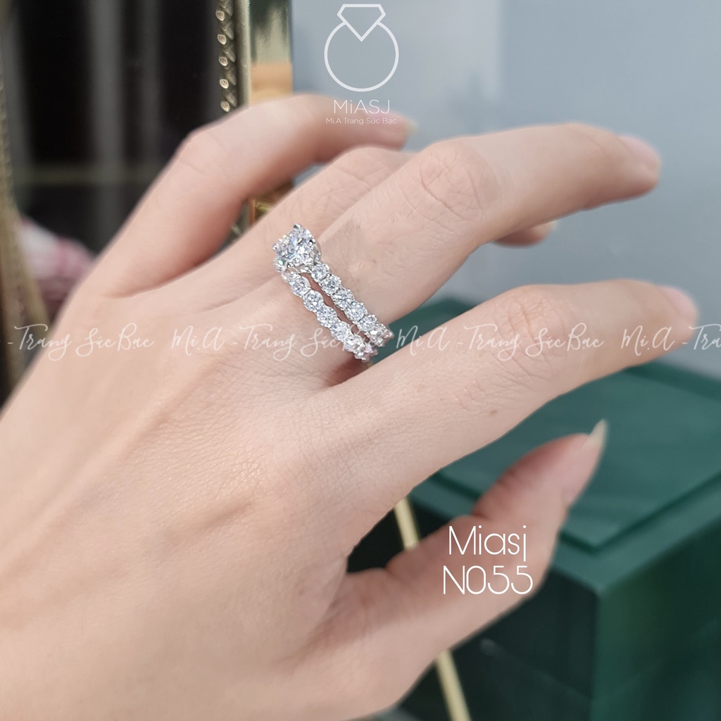 Set 2 nhẫn nữ bạc Ý S925 đính full đá MiASJ lấp lánh kiểu dáng độc đáo N055