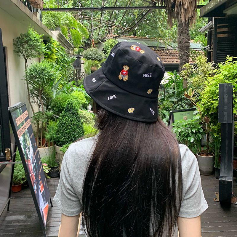 Mũ nồi ngư dân màu đen che nắng hoạt hình gấu dễ phối đồ thời trang mùa hè Hàn Quốc cho nữ