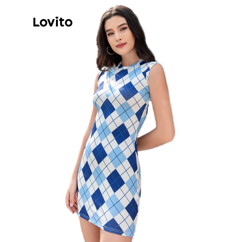 Đầm không tay Lovito L06132 màu trơn thời trang preppy màu xanh dương