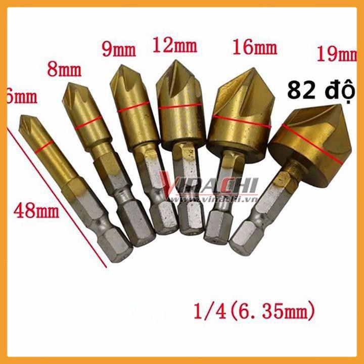 Bộ 6 Mũi Doa Đầu Vít - Doa Lỗ Gỗ phù hợp trong ngành mộc được thiết kế doa nhanh với đầu nón 5 lưỡi phay liên tục