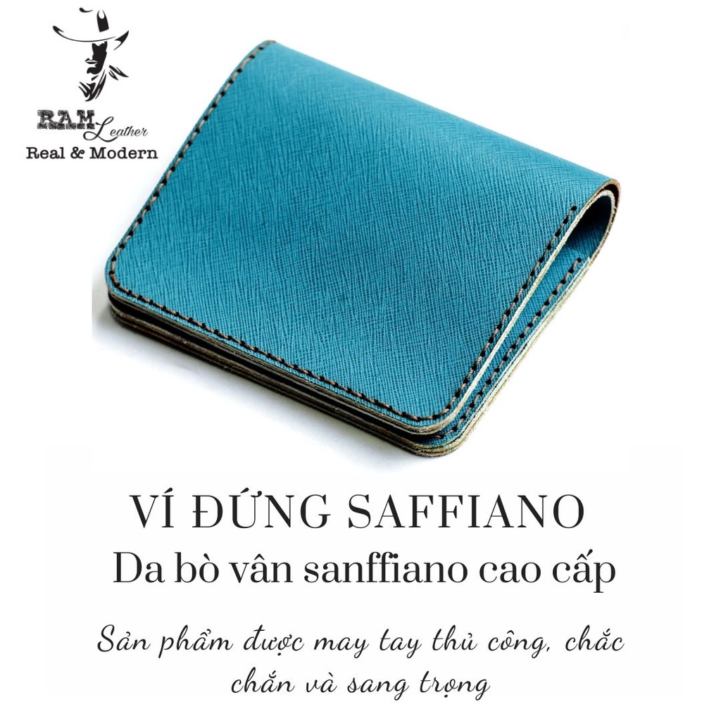 Ví nam nữ RAM Leather da bò thật sanffiano cao cấp màu xanh ngọc