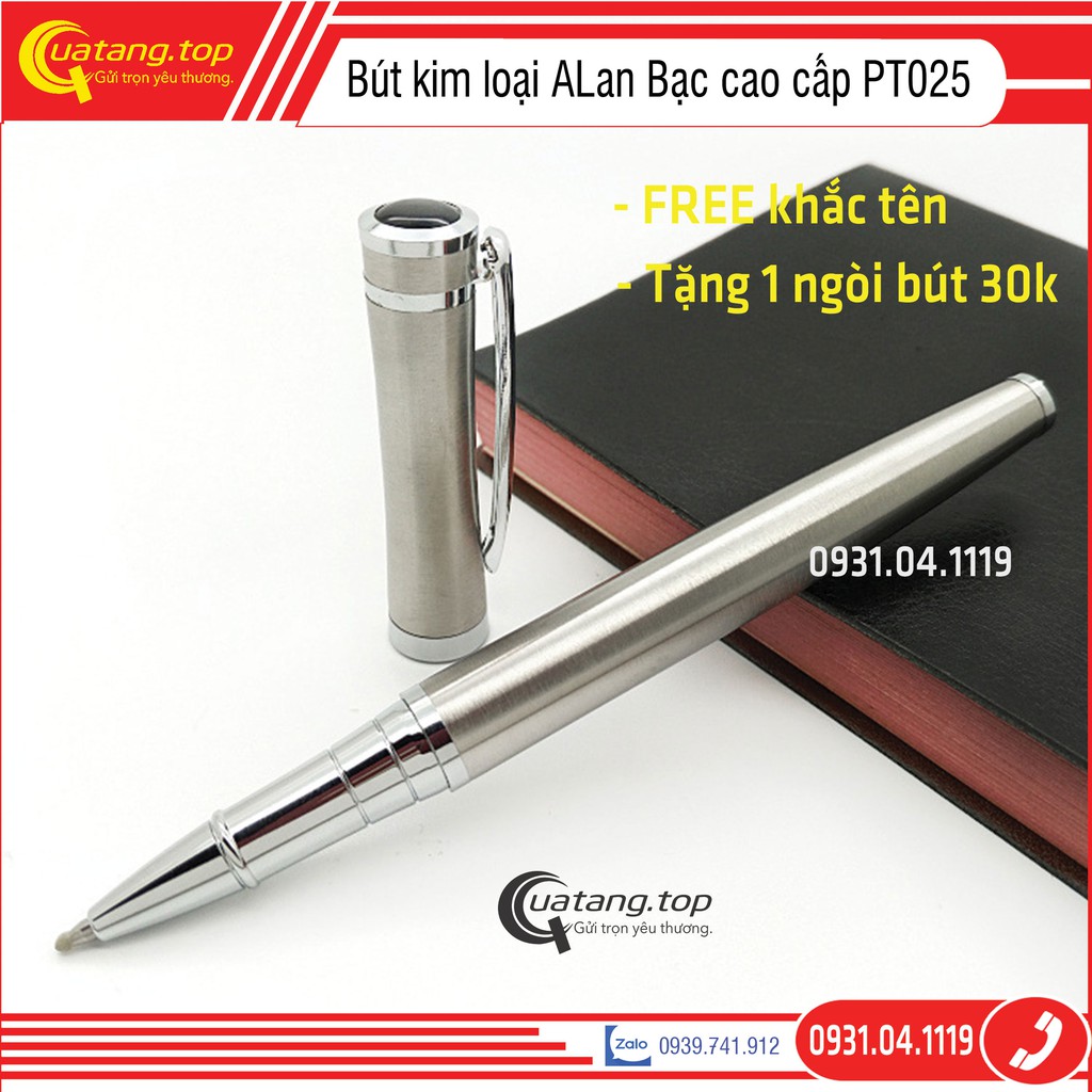 Bút ký tên cao cấp ALan nắp bật PT025 kim loại bạc, ngòi 0.5mm, mực gel màu xanh | Có dịch vụ khắc tên theo yêu cầu