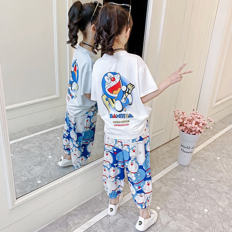 Set áo thun cộc tay & quần lụa dài hoạ tiết Doraemon cho bé trai & bé gái  N01099