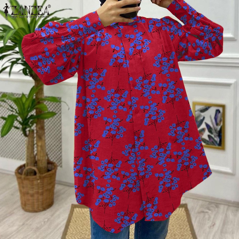 Áo sơ mi ZANZEA tay dài dáng rộng in họa tiết hoa lá thời trang Châu Âu cho nữ