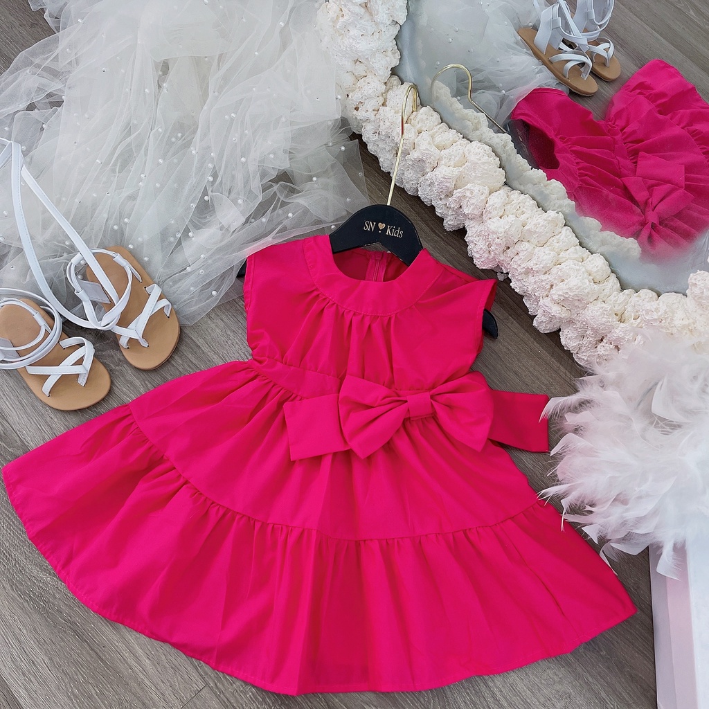 Váy xòe bé gái, cặp váy thô nến nơ hông dáng xòe cho bé size 12-35kg