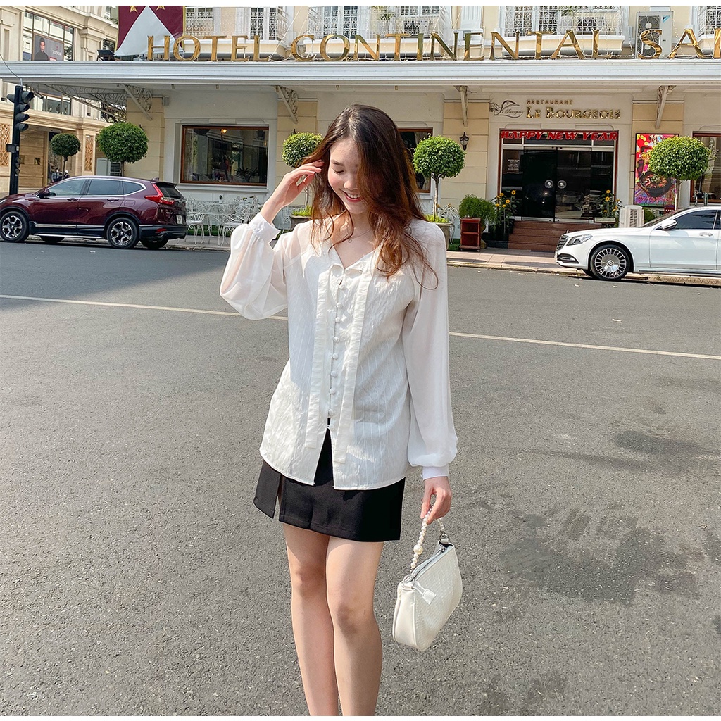 Áo Sơ Mi Nữ Công Sở Kiểu nữ Đẹp Hàn Quốc Tay Phồng  LUCETFASHION cao cấp đen trắng Kimi Shirt