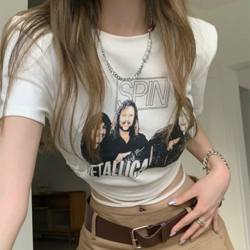 Áo kiểu croptop SPIN CỘT EO GB tay ngắn cổ tròn hình in sexy đơn giản năng động cá tính nữ phong cách hàn quốc alohashop