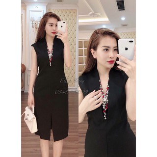 Đầm body đen cổ v kết đá màu d09107150