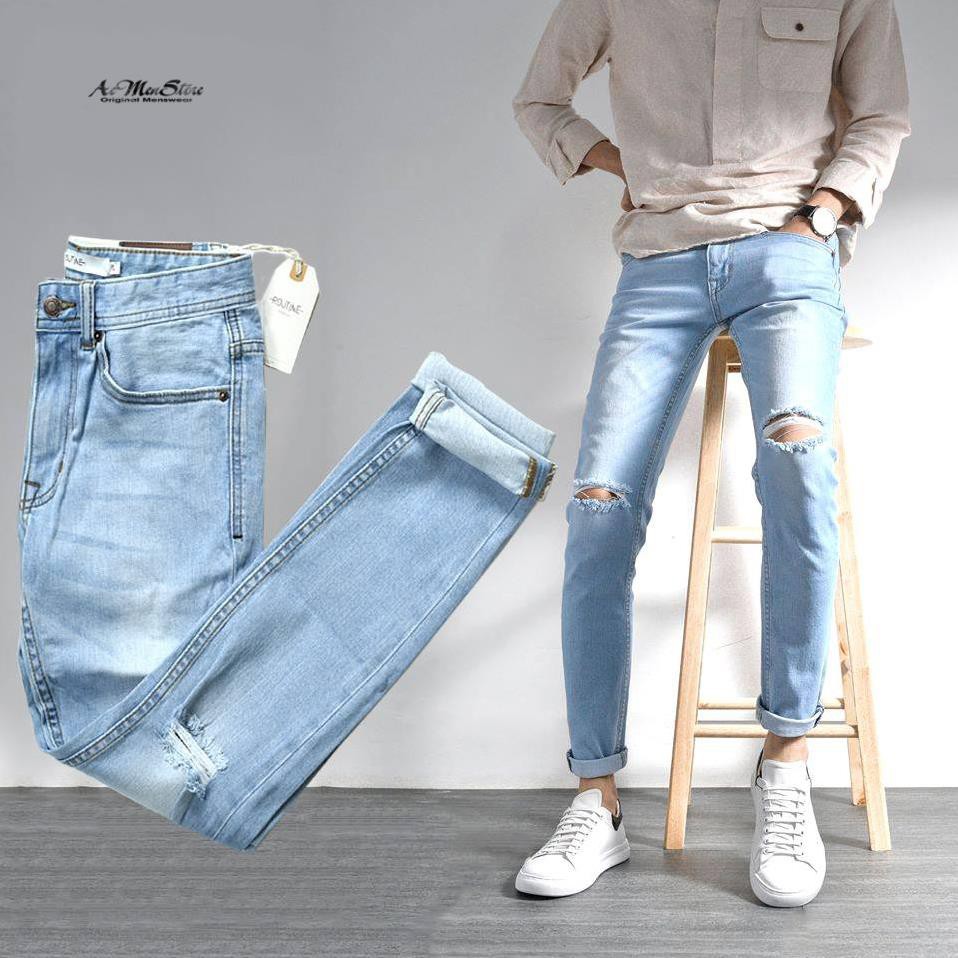 Sale Tết- Quần jean nam rách gối xanh nhạt skinny QJRO003-011 của Routine az1 ˇ >