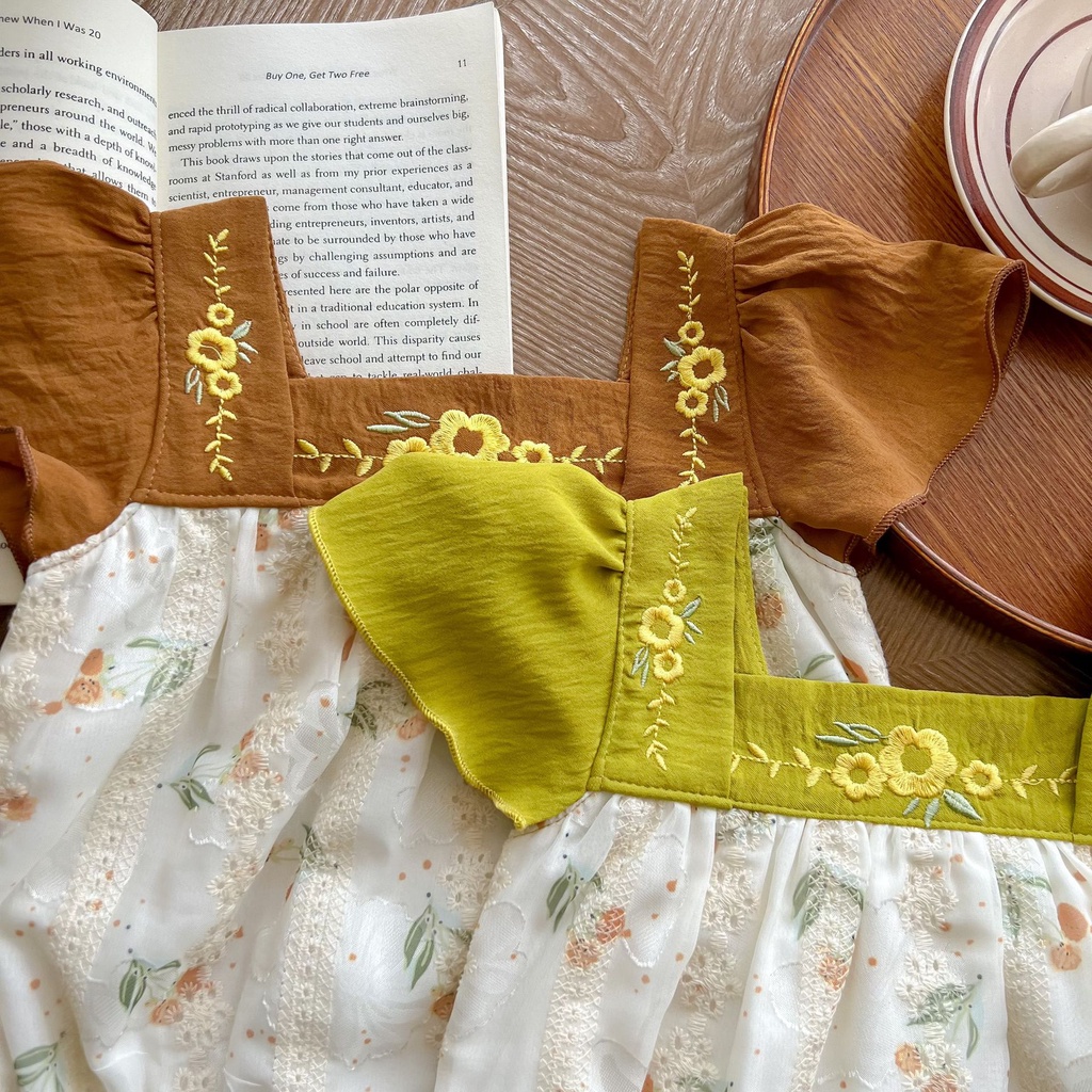 Bộ Áo Liền Quần Ngắn Tay Vải Cotton Jacquard In Hoa Kiểu Retro Pháp Thời Trang Mùa Hè Cho Bé Gái