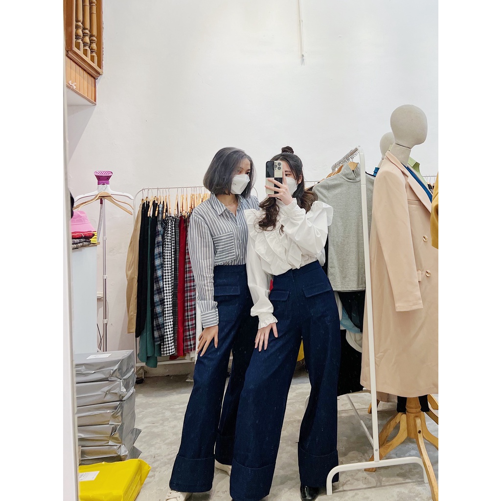 Quần jean nữ cạp cao ống rộng gấu gập phối 2 túi trước, Quần bò nữ ống rộng gập gấu ulzzang, thiết kế T-Ju (jeans cici)