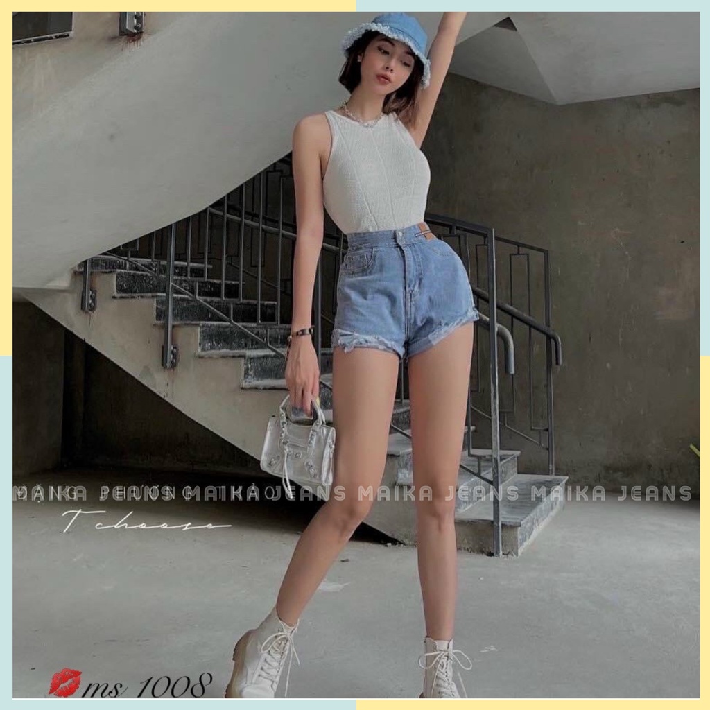 (Hình thật kèm video shop chụp) QUẦN JEANS ĐÙI NỮ RÁCH NHẸ LƯNG SIÊU CAO [MK1008]