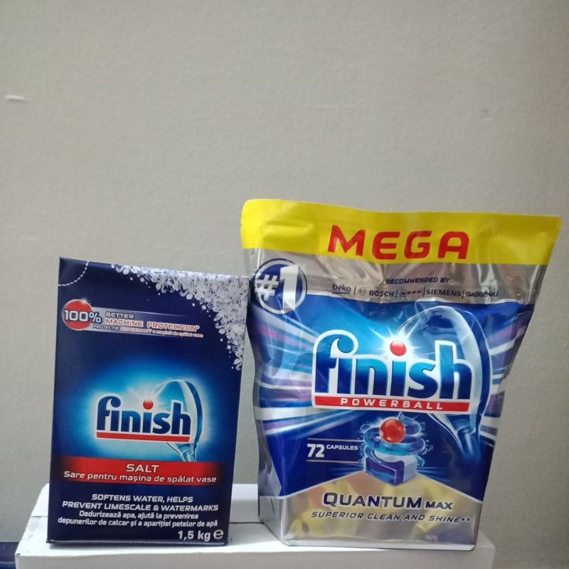 combo 72 viên rửa chén bát Finish + hộp muối làm mềm nước 1,5 kg