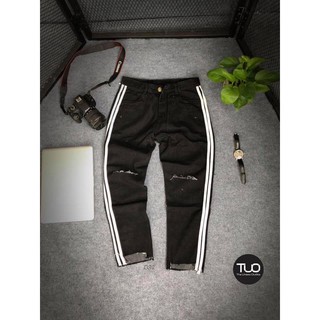 [ QUẦN JEAN BAGGY UNISEX QJ01 ] Màu đen rách gối 2 line trắng