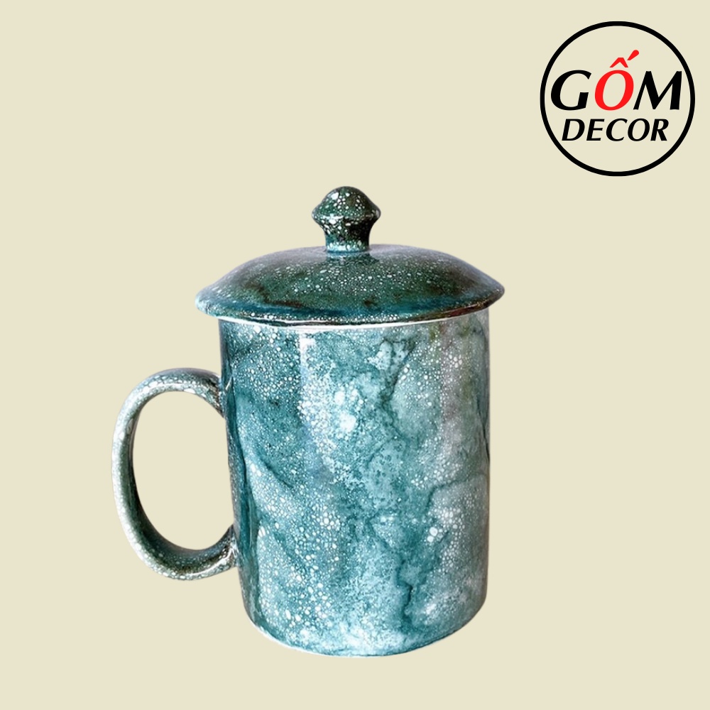 Cốc Sứ Có Nắp Bát Tràng Chính Hãng, Cốc Sứ Uống Trà Cà Phê Men Vân Đá Cao Cấp 350ml